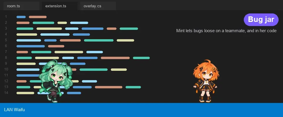 Mint throws a jar of bugs at Ember, who runs about covered in bugs while bugs crawl over the code