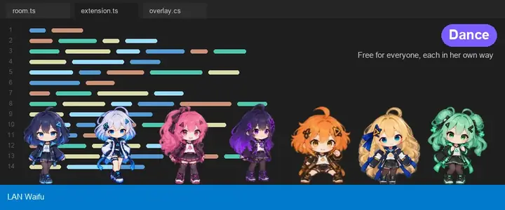 All seven characters dancing, each her own dance